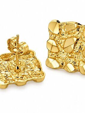 Square Nugget 8mm-10mm Earring Unisex Hip Hop Iced 14K Gold plated Stud Fashion
